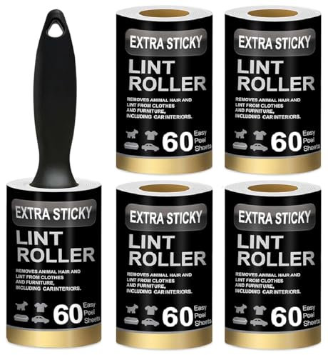 StrideFast Lint Roller 5 Roll Set – 300 Sticky Sheets with 1 Ergonomic Handle – Pet Hair & Dust Remover for Clothes, Furniture & Car – Refillable & 360° Rotating Handle – Travel-Friendly