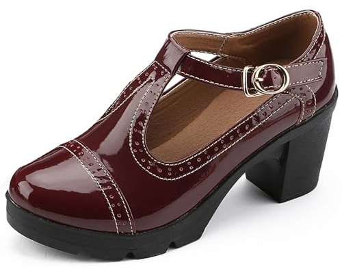 PPXID Women's T-Strap Mary Jane Pumps Dress Oxfords Mid Block Heel Platform Court Shoes