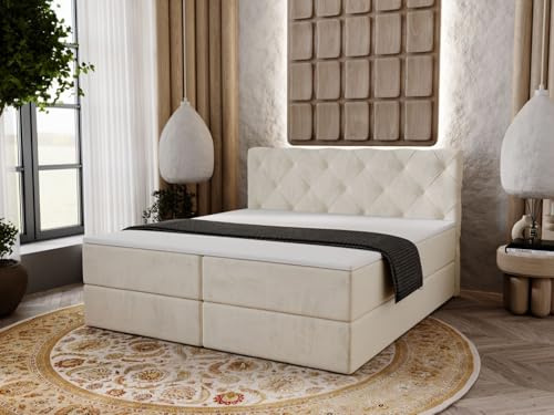 GRAINGOLD Napoli Bett 160x200, Boxspringbett mit Bettkasten, Polsterbett mit Bonell-Matratze, Samt Stoff, mit Topper, mit Kopfteil (Beige, 160x200)