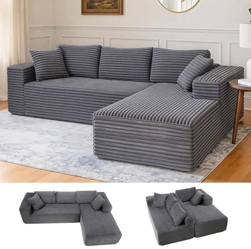 COMHOMA 105 ” modulares Sofa mit tiefer Sitzfläche, L-förmige Couch mit breiten Armlehnen, Cordstoff, hochdichter Schaumstoff, Chaiselongue für das Wohnzimmer,kein Zusammenbau erforderlich, dunkelgrau
