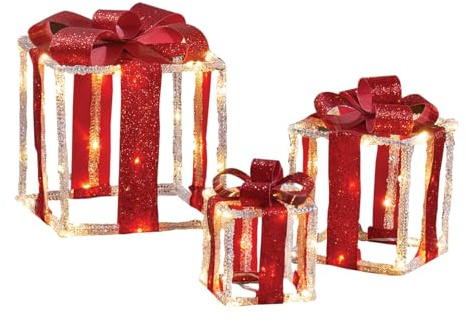 The Christmas Workshop Light-Up White & Red Gift Boxes/Set of 3 Different Sizes/Warm White LED Lights/Timer Function/Battery Powered (74489)