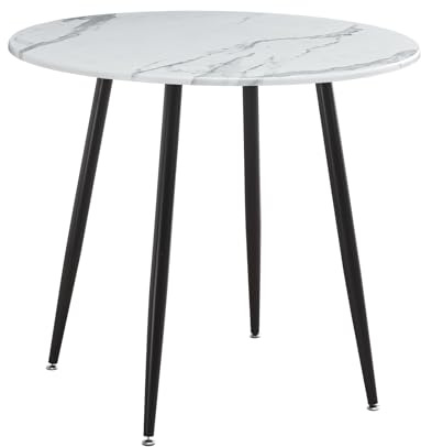 HomJoy Round Dining Table White Rectangular 90cm Modern Marble Effect PVC Wood Top Kitchen Dinner Restaurant Pub Cafe Metal Legs Space Saving