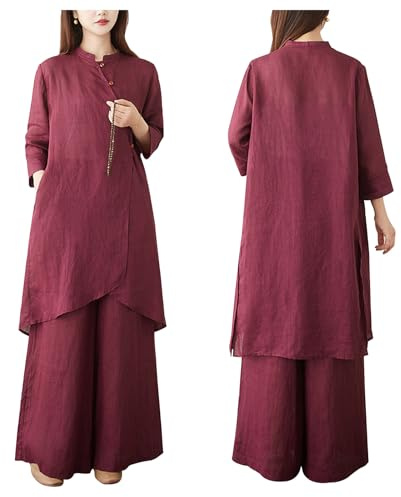 Ropa de Tai Chi para Mujer, Traje de Artes Marciales Tradicionales Chinas, Conjunto de Chándal de Kung Fu con Mangas Tres Cuartos, Camisa y Pantalones (Red, XXL)