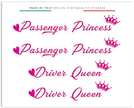 4R Quattroerre.it Aufkleber Passenger Princess & Driver Queen, Set mit 4 dekorativen Aufklebern, ideal für Rückspiegel Helm PC, Made in Italy, 12 x 9,5 cm (Fuchsia)