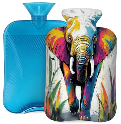 Wärmflasche aus Gummi mit weichem Bezug, bunter Elefant, Vintage-Kunst-Ölgemälde, 2 l, Wärmbeutel zur Schmerzlinderung, Wärme- und Kältetherapie