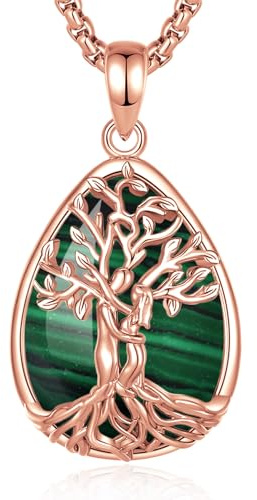 INFUSEU Collier Arbre De Vie Arbre Généalogique Cristal Malachite 18K Or Rose Pendentif Guérison Protection Puissante Medaillon Bijoux Cadeau Pour Femme