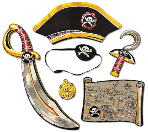 Liontouch - Piratenkostüm-Zubehör für Kinder ab 3-6-teilig mit Schwert | Komplettes Piraten-Set mit Piratensäbel, Haken, Hut, Augenklappe, Medaillon & Schatzkarte | Aus weichem Schaumstoff
