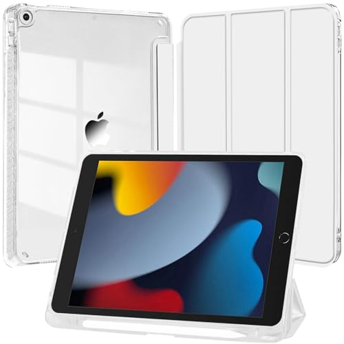 Funda para iPad 10,2 Pulgadas (9.a/8.a/7.a Generación, 2021/2020/2019) con Portalápiz, Clara Transparente Carcasa Trasera Slim Soporte Antigolpes Cover Tableta, Auto-Sueño/Estela, Plata