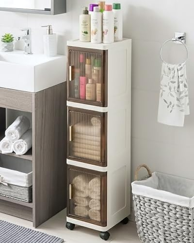 Froppi Bathroom Storage Cabinet 9.8 Wide, 3 Tier, White/Coffee Toned | 9.8 x15x47.6, Wheels, Doors, Slim, Space-Saving, Free Standing, Quality Plastic