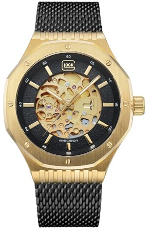 GLOCK Herren Automatik Uhr | 45mm Gehäuse | Armbanduhr mit Goldenem Edelstahlgehäuse | Schwarzem Zifferblatt | Schwarzem Mesharmband | 10ATM | GW-21-1-24