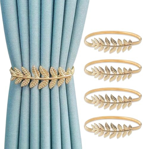 Luxorium Lot de 4 embrasses pour Rideaux dorées réglables avec Corde à Ressort, embrasses Design Feuille pour décoration de fenêtre