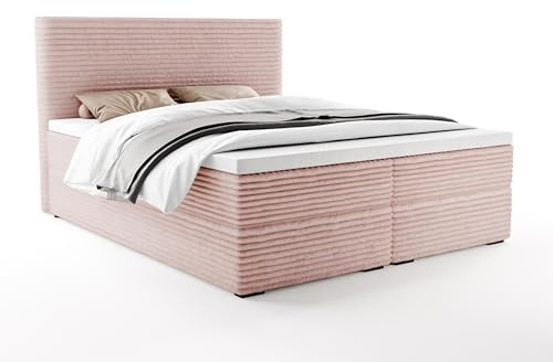 FurniDe24 Boxspringbett Vito mit 2 Bettkästen, Altrosa, 140x200 cm | Polsterbett aus Breitcord mit Bonellfederkernmatratze H3, 3 cm hohem Topper, gepolstertem Kopfteil und Massivholzrahmen