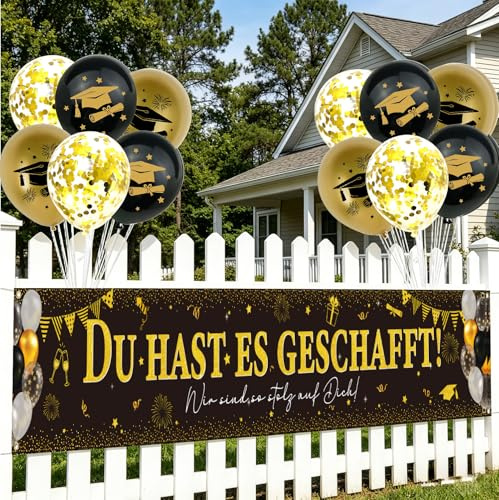 Afritee Abitur 2026 Banner Luftballon Deko, Schwarz Gold Abi Du Hast Es Geschafft Banner Ballons, Abschlussfeier Graduierung Graduation Party Dekoration (50 X 300cm)