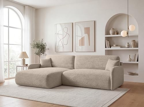 KP-Meble Ecksofa mit Schlaffunktion - 256x175 cm Bouclé Beige – Modernes L-Sofa, Schlafsofa mit Bettkasten, Große Couch mit Stauraum Pierr (Anthology 2, Links)