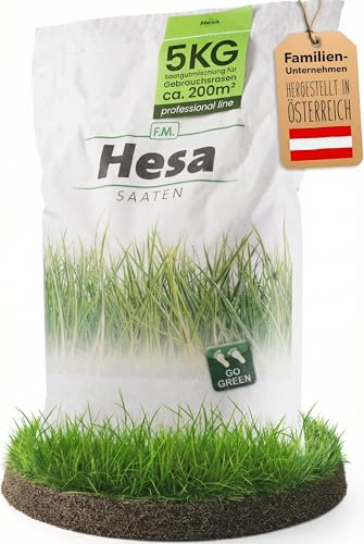 Hesa Professional Gebrauchsrasen RSM 2.3 - Rasensamen 5 kg für 200 m² | Schnellkeimend, dicht und regenerationsstark - 7 hochwertige Gräsersorten für Hausgärten, Profiqualität made in Austria
