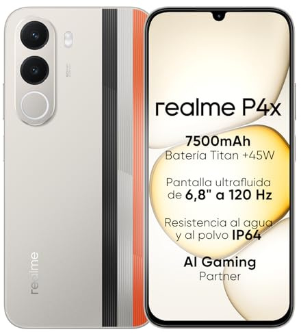 Smartphone realme P4X 4G, 4GB+256GB, Pantalla LCD 120Hz 6,8, Batería Titan 7500mAh, Carga rápida 45W, Carga inversa 6W, Antichoque MIL-STD 810H, IP64, Sistema Next IA, Blanco Rally (Sin Cargador)