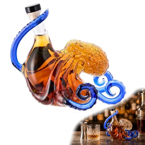 Glass Octopus Decanter, Sculpted Sea Tentacle Bottle for Whiskey, Wine and Liquor, Nautical Bar Decor