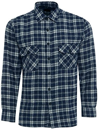 HuntaDeal Mens Shirt Long Sleeved Flannel Brushed Cotton | Checked Check Lumberjack Work Warm Casual Work Outdoor Shirt, Navy Grey, L