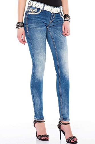 Cipo & Baxx Damen Jeans WD343 Blau - Slim Fit Straight Jeans - Mit Stickereien auf Gesäßtaschen, Raffinierter Look & angenehmes Gefühl - WD343 Blau W31-L32