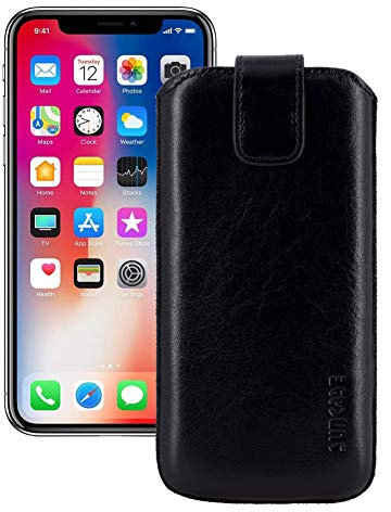Suncase ECHT Leder Tasche für iPhone XR (6.1) mit ZUSÄTZLICHER Transparent Hülle | Schale | Silikon Bumper Handytasche (mit Rückzugsfunktion und Magnetverschluss) in schwarz