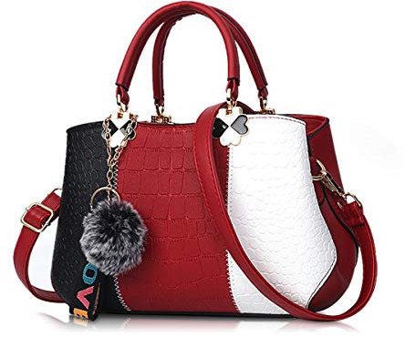 NICOLE & DORIS 2025 Neue Frauen Tasche Damen Leder Handtasche Mode Umhängetasche Mit Pompon abnehmbarem Schultergurt Handtasche Weinrot