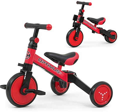 Milly Mally Optimus Kinderfahrrad 3-in-1, Dreirad, Laufrad mit Pedalen, für Jungen und Mädchen ab 1 Jahr, Lauflernhilfe für Kinder, Rutscher, für EIN Geschenk geeignet ROT
