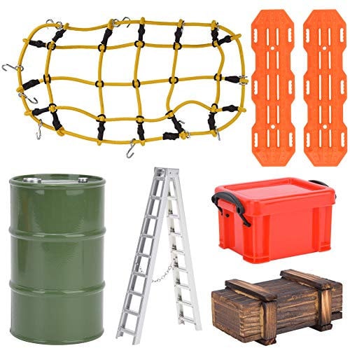 Tbest RC Luggage Net, 1/10 Scale RC Car Luggage Net, Oil Can, Storage Box,Wood Box, Metal Ladders with Luggage Nets RC Car Accessory Set for Traxxas