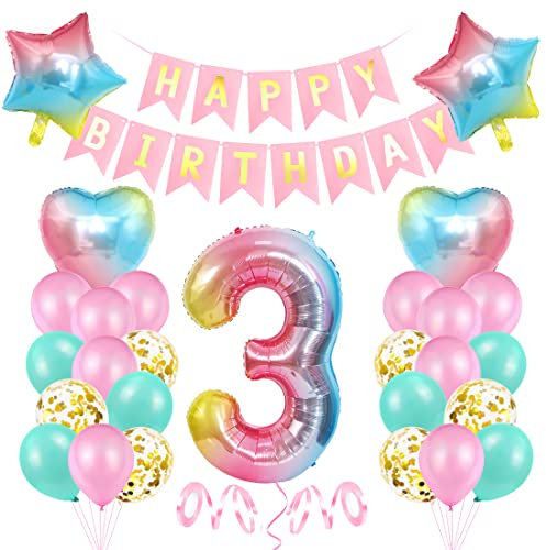 Luftballon 3. Geburtstag Rosa - Deko für Mädchen, Riesen Folienballon, Bunt Folienzahlen Ballons, Banner