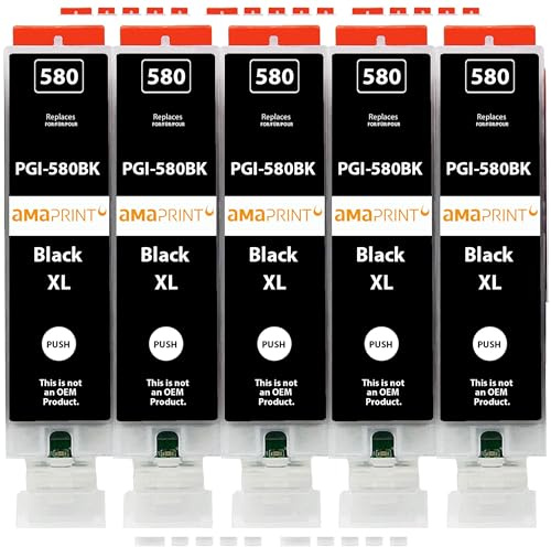 Amaprint XL Patronen kompatibel mit Canon PGI 580 Schwarz PGBK passend für Pixma TR7500 TR7550 TR8500 TR8550 TS6100 TS6150 TS6151 TS6300 TS6350 TS8100 TS8150 TS8151 TS8152 TS8350 TS9150 (5 Patronen)