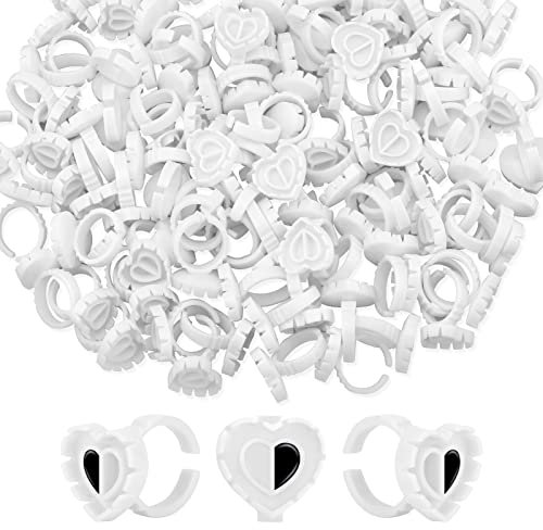 PAFUWEI 100 PCS Lash Glue Holder, Heart-Shaped Lash Glue Rings, Lash Extension Volume Lashes Quick Blossom eyelash glue holder for Eyelash Extension Supply, 2 Methods of Use, White