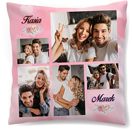 PERSONALISIERTES Valentinstag Foto Geschenk Für Sie oder Ihn - Kissen Zierkissen (45 x 45 cm) mit eigenen Fotos & Text; Zum Jahrestag, Geburtstag, Muttertag - Motif Collage Pink [091]