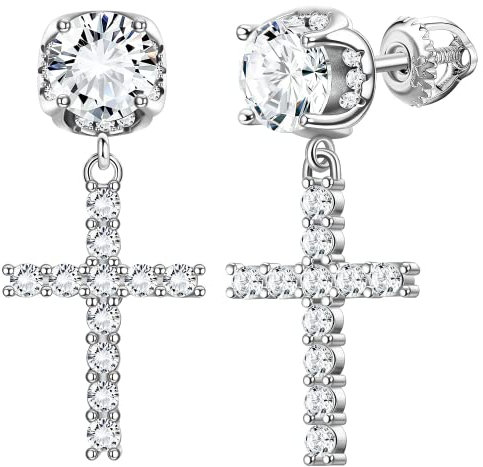 KRFY Ohrringe S925 Sterling Silber für Damen Herren Hypoallergene Kreuz Ohrringe mit Zirkonia 18 Karat Weißgold Plattierte Ohrhänger Leichte Kleine Silber Ohrringe für Mädchen