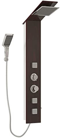 vidaXL Glass Brown Shower Panel System with Wood Grain Design - Rainfall, Massage Jets, Handheld Shower