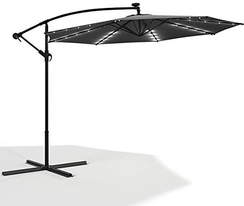 The Fellie 3M Large Cantilever Garden Parasol with 32 Solar Powered LED Lights, Patio Banana Umbrella with 15L*4-Piece Base, Outdoor Sun Shade&Lighting, Aluminum Crank Handle, Dark Grey