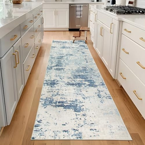 TALETA Küchenläufer, Läufer Flur rutschfest, Teppich Läufer waschbar, Modern Teppichläufer für Küche, Terrassen, Eingang, Hallway, blau, 80 x 300 cm