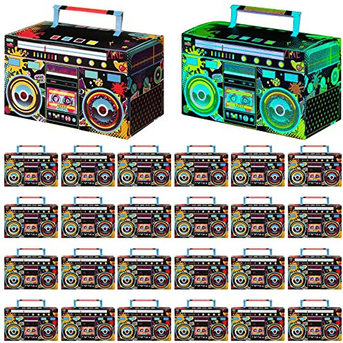 24 Stück 80er Jahre Boom Box Party Favor Boxen 80er 90er Jahre Thema Mittelstücke für Tische, Retro Radio Dekorationen Leckerli Goodie Candy Papierboxen leuchten im Dunkeln Party Gastgeschenke Boxen