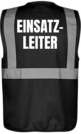 Fassbender-Druck WARNWESTEN - Sicherheitsweste SCHWARZ mit Taschen und Reißverschluss nach EN ISO 20471 zertifiziert - Warn Weste für EINSATZLEITER - Unisex mit hochwertigem Reflektorstreifen
