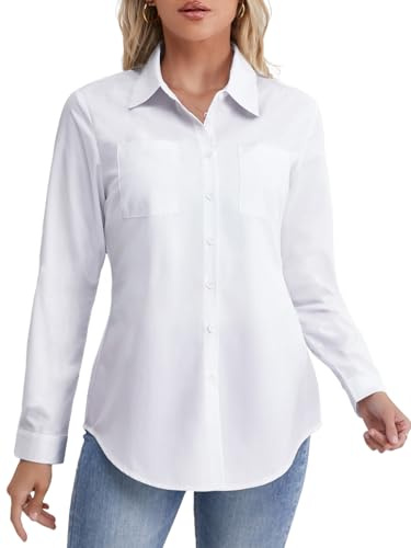 fuinloth Damen Hemd Elegant Longbluse Slim Fit Hemdbluse OL Work Arbeit Hemden mit KnöPfen Jean Bluse Weiß XXL