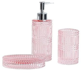 Accessoires de Salle de Bain en Verre Transparent (Distributeur de Savon, Porte - Savon, Tasses), décoration Moderne en Cristal Vintage (Rose 3 pièces)