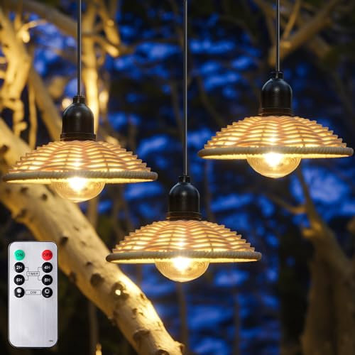 3 Pack Battery Operated Pendant Light, 7 Inch Outdoor Hanging Chandelier with Dimmable Timer, Waterproof Lantern Battery Powered by 4*AA for Gazebo Pergola Porch Patio Backyard Decor