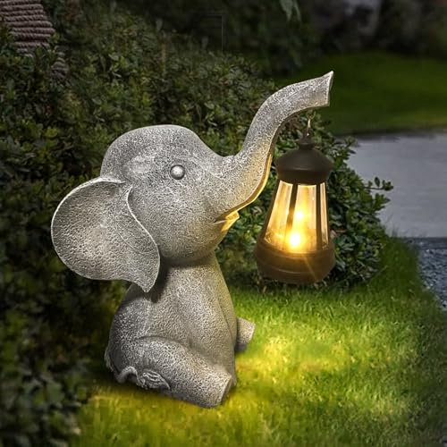 YIKEDAN Statue di Elefante da Giardino con Lanterna Solare, Lampade Solari da Esterno Decorative, Animali in Resina, Decorazioni Giardino, Regalo per Donne Uomini Mamma