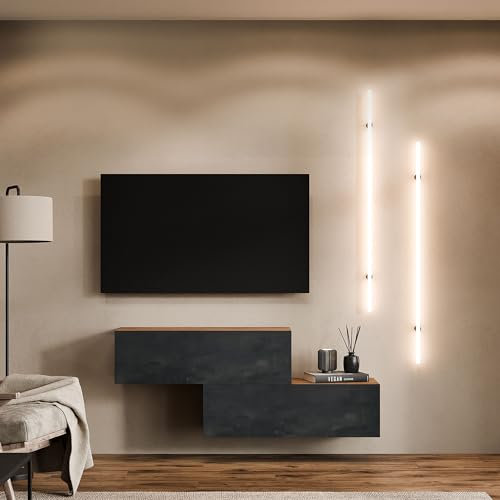 Planetmöbel TV Wohnwand Wohnzimmer 2X 100 cm Gold Eiche/Schwarz Charcoal, Modern, TV Schrank mit 2 Klappen als Stauraum, hängend oder stehend
