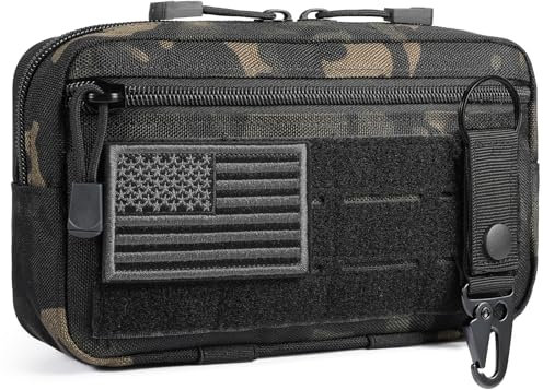 FRTKK Taktische Molle-Admin-Tasche, Laserschnitt, EDC-Werkzeugtasche, horizontale modulare Taschen, inklusive US-Flaggen-Patch und Schlüsselanhänger, Schwarz