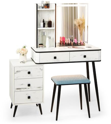 Multigot Dressing Table with Mirror and Stool, Vanity Table with Detachable LED Mirror, Charging Function, 5 Drawers & Storage Shelves, Modern Dressing Desk Set (White, Rectangular Mirror)