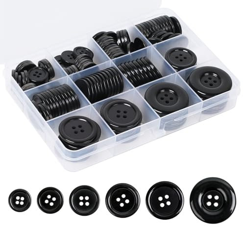 Furuising Groß Knöpfe - 140 Stück, Schwarz, 15-30mm, 4-Loch Rund Harz, zum Basteln mit Aufbewahrungsbox für Nähen, Hemden, DIY Handwerk, Scrapbooking