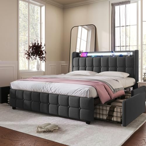 buiesjole Polsterbett Mit LED-Beleuchtung Doppelbett King Size Aufladen USB Ladefunktion Kopfteil Jugendbett Mit Schubladen Gästebett Lattenrost Aus Holz Stauraumbett Bettkasten Grau 140x200 cm
