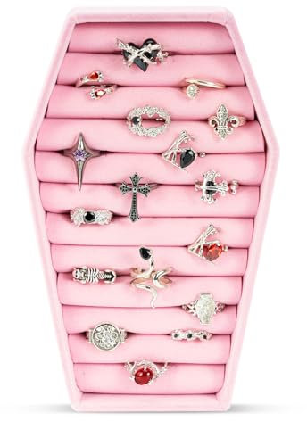 Lolalet Velvet Ring Organizer, Gothic Schmuckschatulle mit Ringen, Ringständer, Schmucktablett mit Ringen, Ringaufbewahrung, Schmuckkästchen mit Ringen, Perfekt für Gothic Geschenke - Rosa