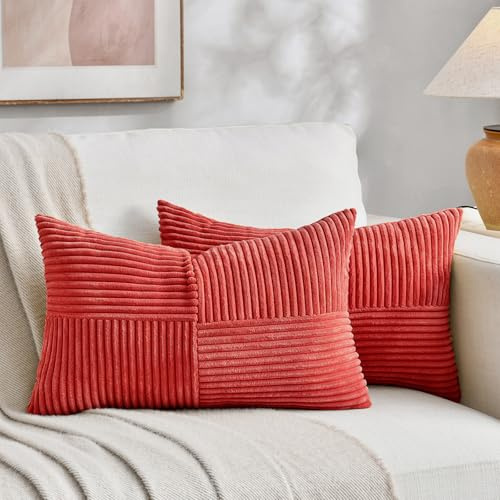 FDTERN 2er Set Rot Kordsamt Kissenbezug 30x50 Weich Dekorative Kissenbezüge Kissenhülle Dekokissenbezug Sofakissen Dekokissen Boho Deko für Sofa Schlafzimmer Wohnzimmer
