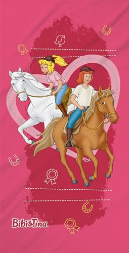 Bibi und Tina Badetuch Herz Rot 75 x 150 cm 100% Baumwolle Velours-Qualität Bibi Blocksberg Tina Pferde Mädchen Girl Strandtuch Handtuch Strandlaken Sabrina Amadeus Pass. z. Bettwäsche