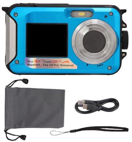 MENDUNER Underwater Digital Camera - Full HD 2.7K 48MP 10ft Waterproof 16X Digital Zoom Waterproof Digital Camera with Front Rear Dual Screens for Summer Outdoor (Blue)